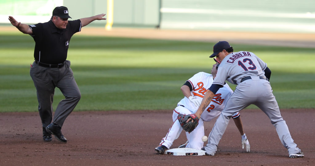 Cleveland Indians shortstop Asdrubal Cabrera (13) and Baltimore Orioles shortstop J.J. Hardy (2)